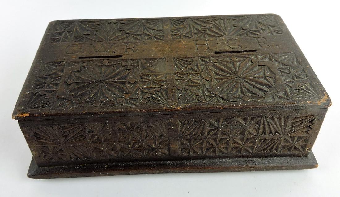 Early wooden carved two slotted box, (1 of 3)