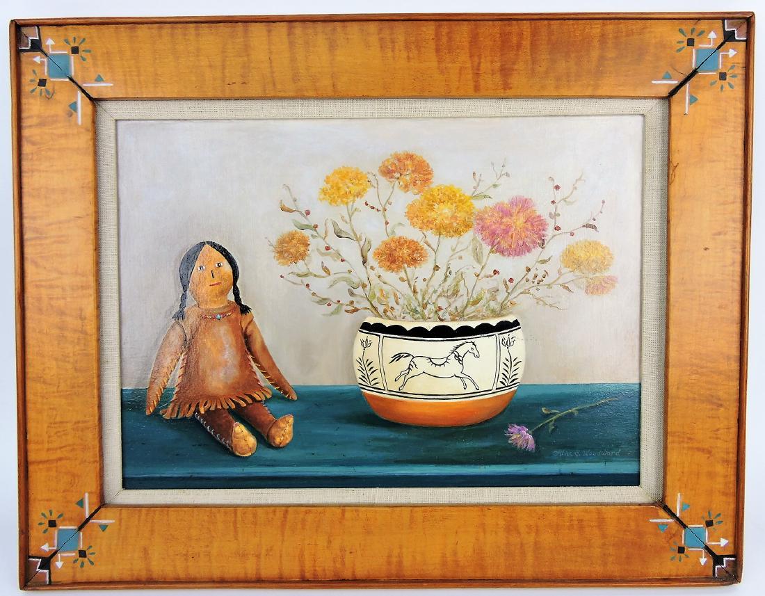 Oil on board by Alice Geddes: Woodward "Indian Doll & Straw Flowers", 14"x18" with painted frame