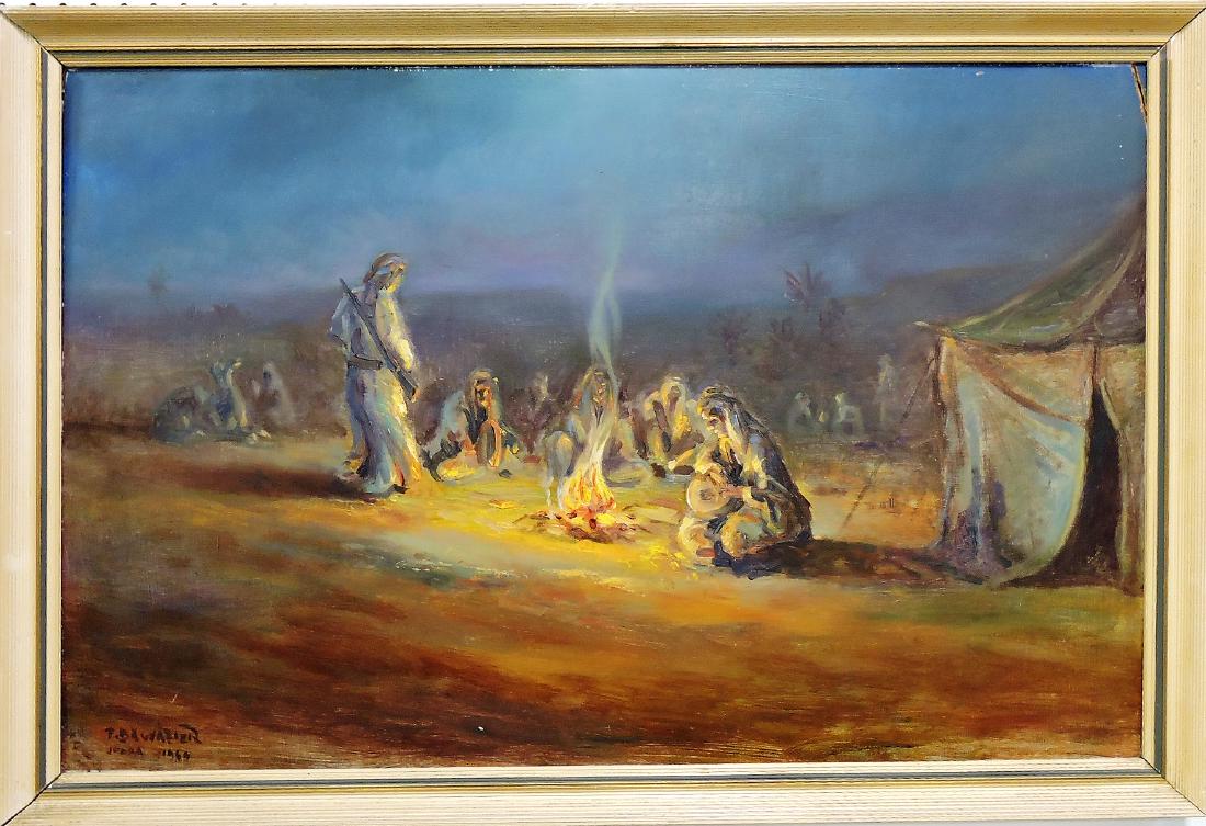 Oil on canvas of Middle Eastern: Bedouin desert camp signed F. Bawazier, 1969, 23"x35"
