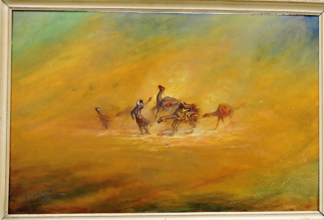 Oil on canvas of Middle Eastern: man with camels in dust storm by F. Bawazier, 25'x38"
