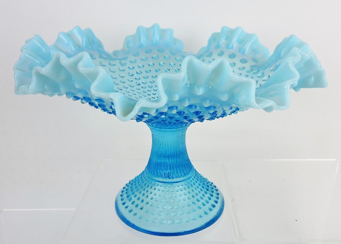 Fenton blue opalescent hobnail: compote, 11"d, 7 1/2"h
