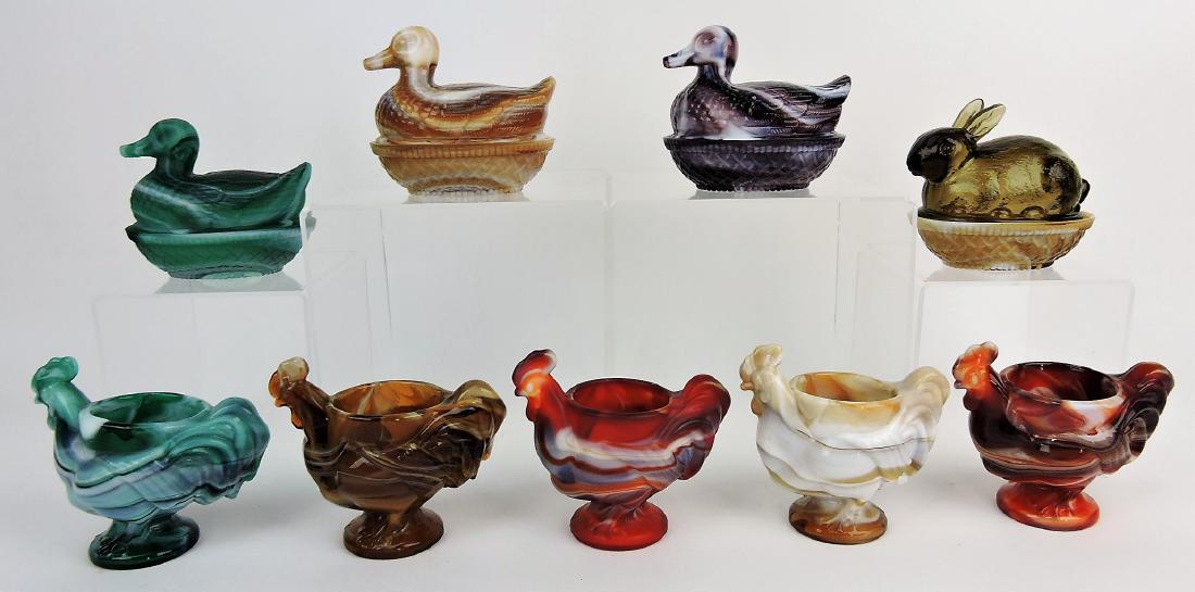 Imperial slag glass lot of 9 pieces,: 3 duck and 1 rabbit covered dish, 5 chicken double egg cups