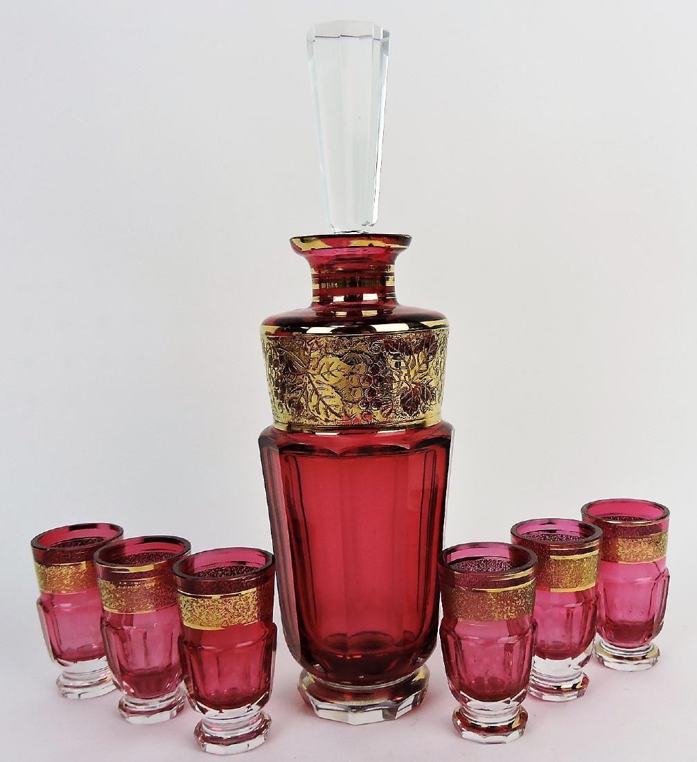 Moser (signed) wine decanter and: 6 glasses, 12", gold grape and vine band