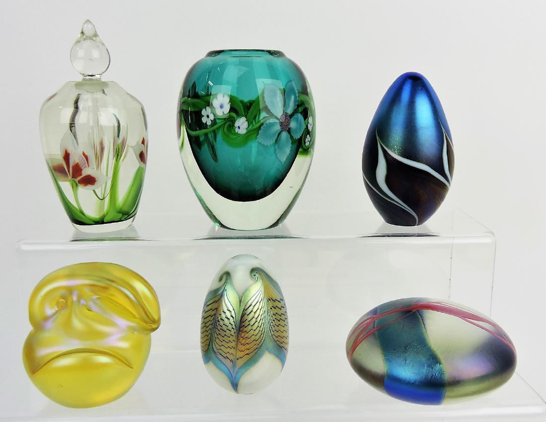 Orient & Flume art glass lot of 6: paperweights; vase, perfume bottle, 2 eggs, rabbit, and weight