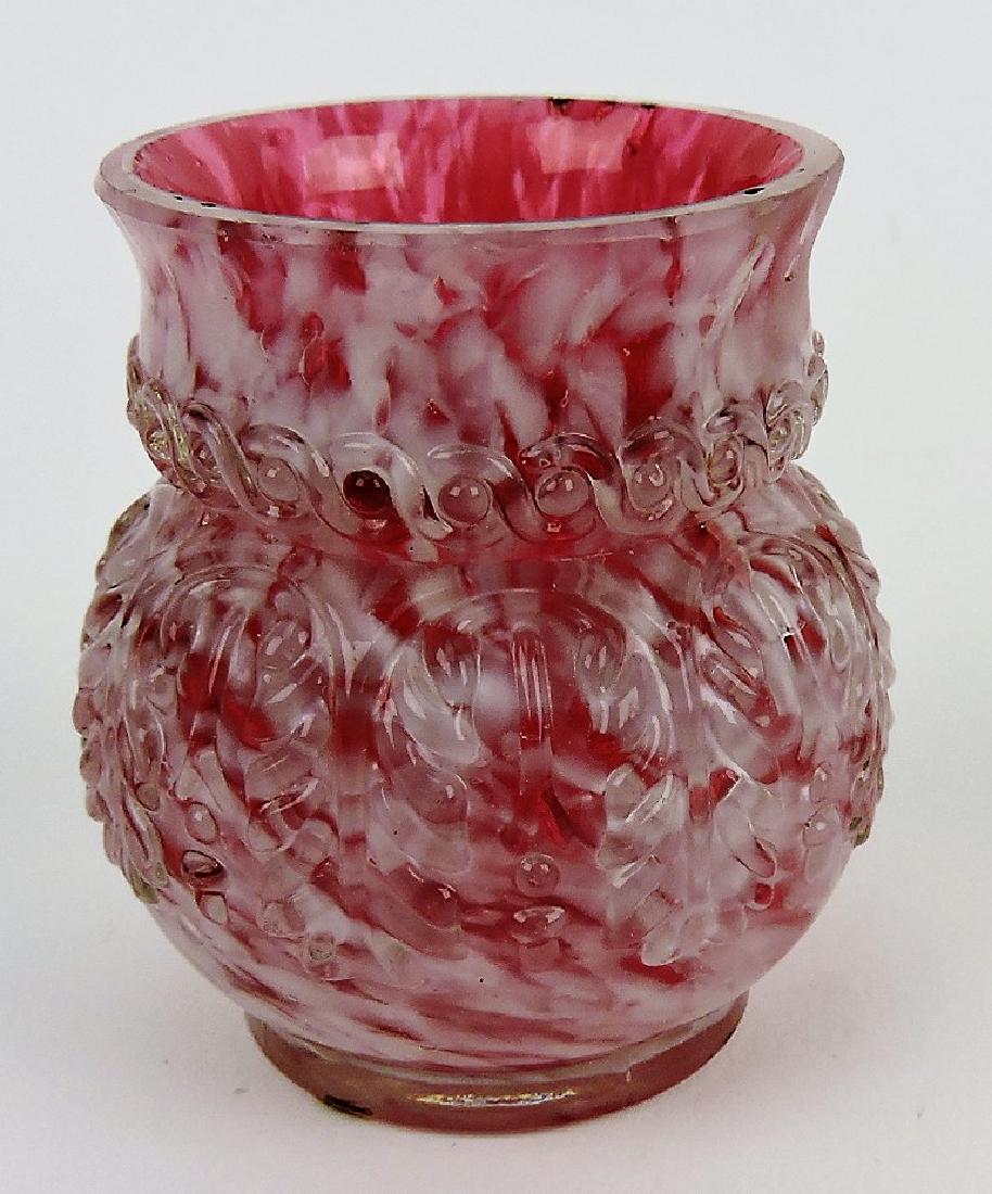 Northwood cranberry opalescent: spatter Leaf Umbrella toothpick holder, 2 1/2"