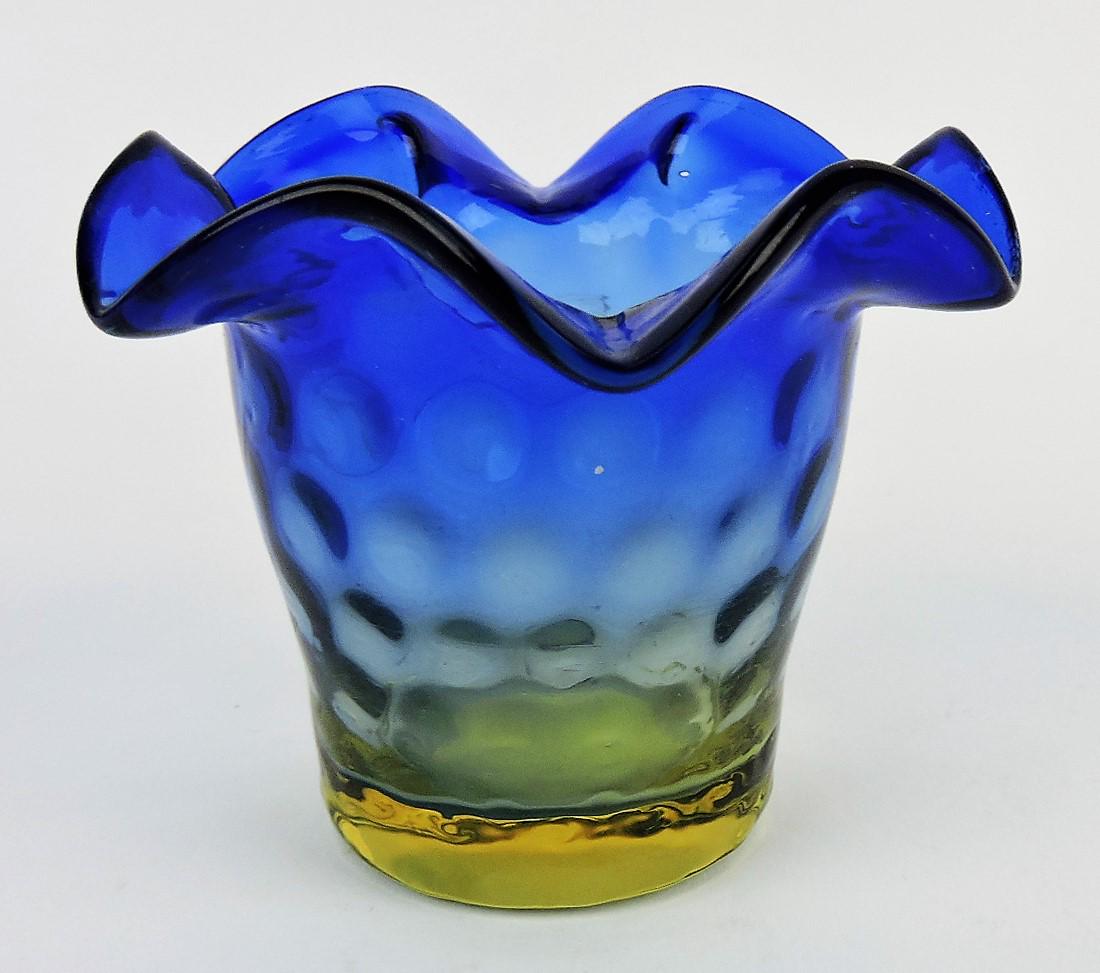Blue over amber baby thumbprint: toothpick holder with flared top, 2 1/2"