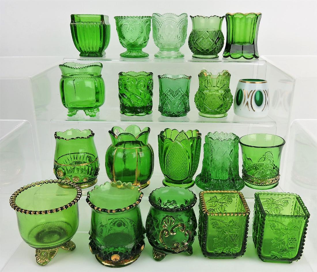 Toothpick holder group of 20, green: EAPG and pressed glass