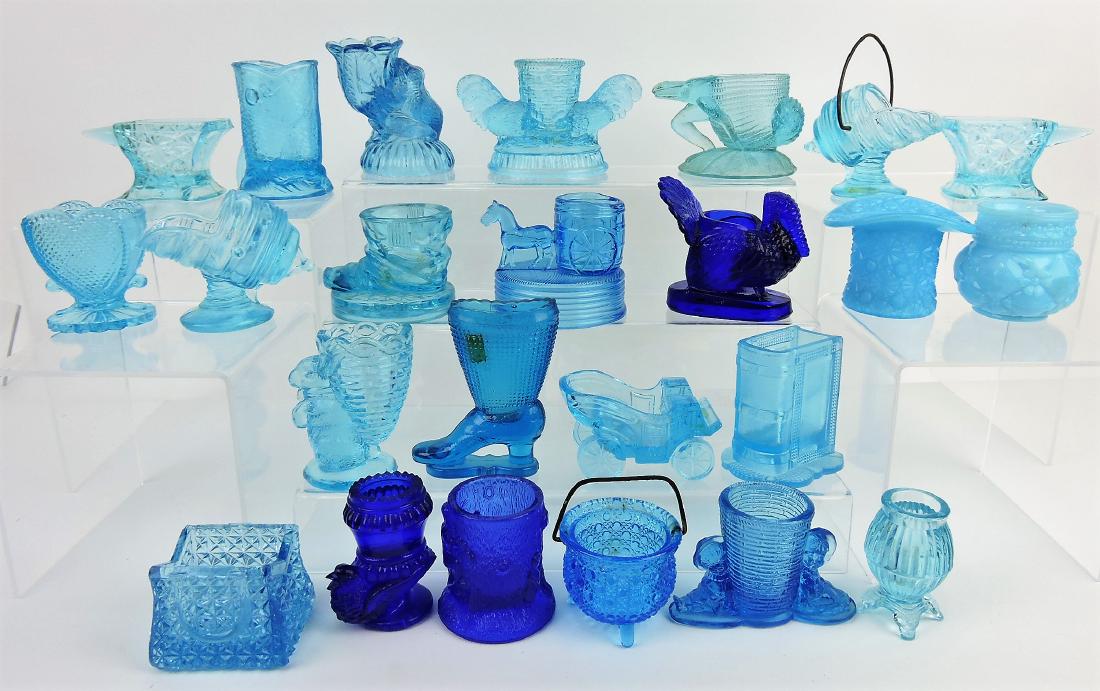 Toothpick holder group of 24, blue: glass, including many figural