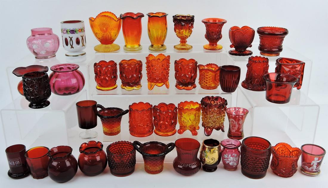 Amberina, cranberry, and red ruby: group of 40 toothpick holders