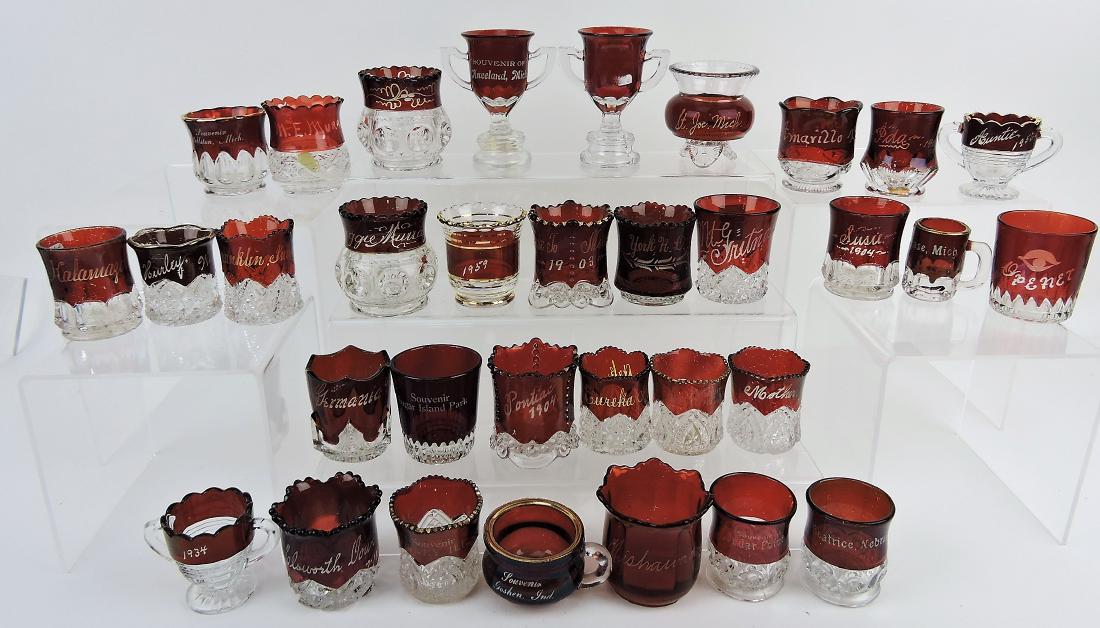 Ruby stained group of 33 toothpick: holders, many souvenir, Michigan, Indiana, and others