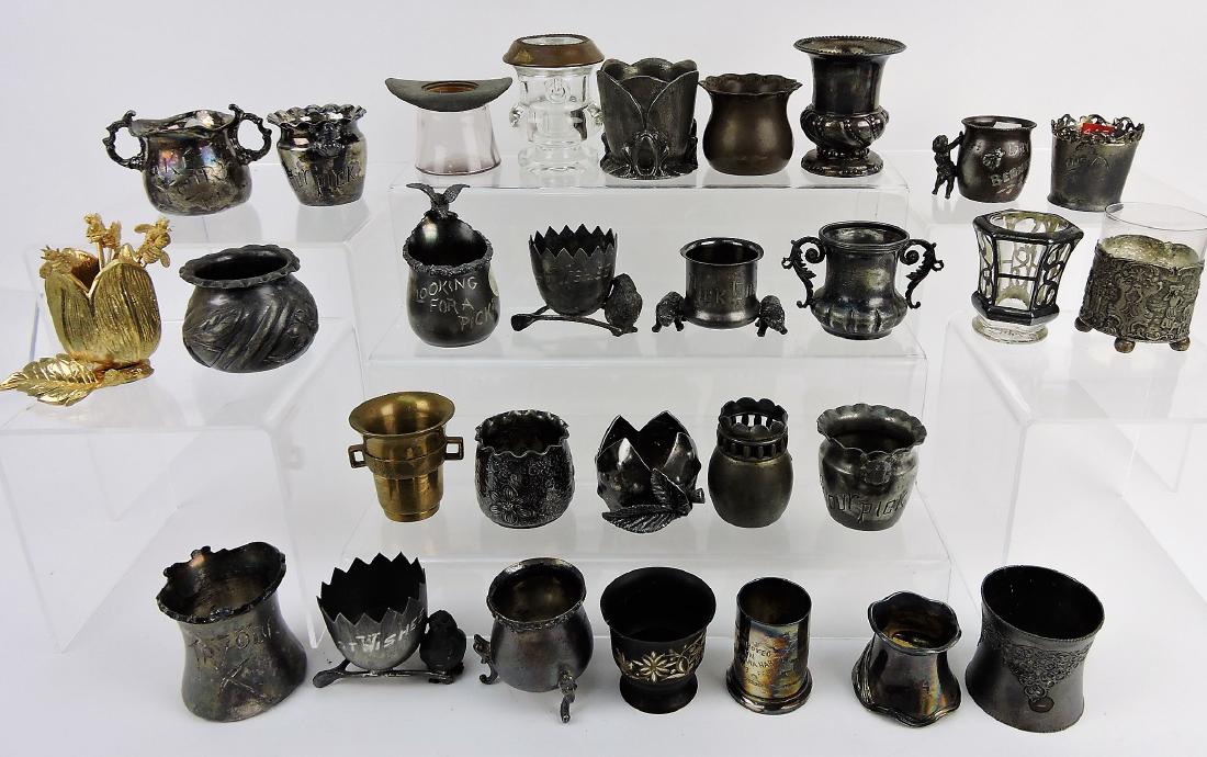 Silver plate, pewter, and brass group: of 29 toothpick holders