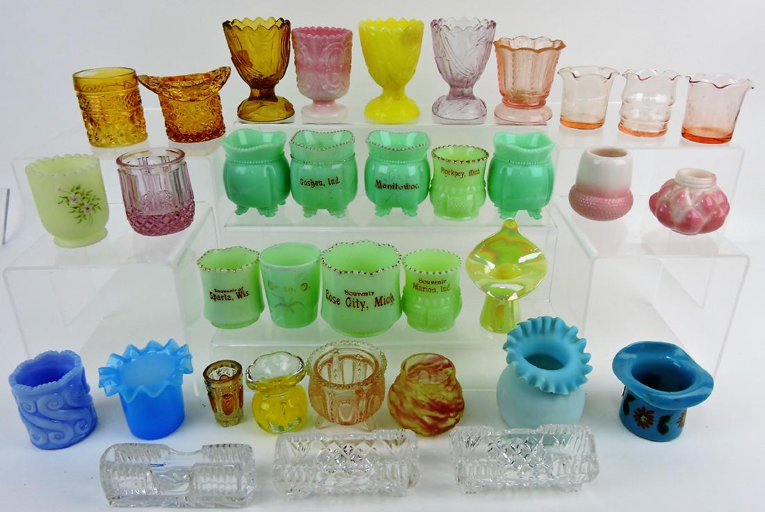 Toothpick holder group of 35, mixed: glass, some souvenir