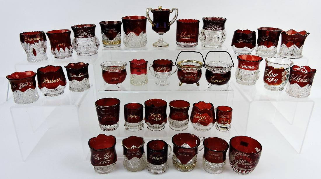 Ruby stained group of 34 toothpick: holders, most souvenir, Indiana, Michigan, and other