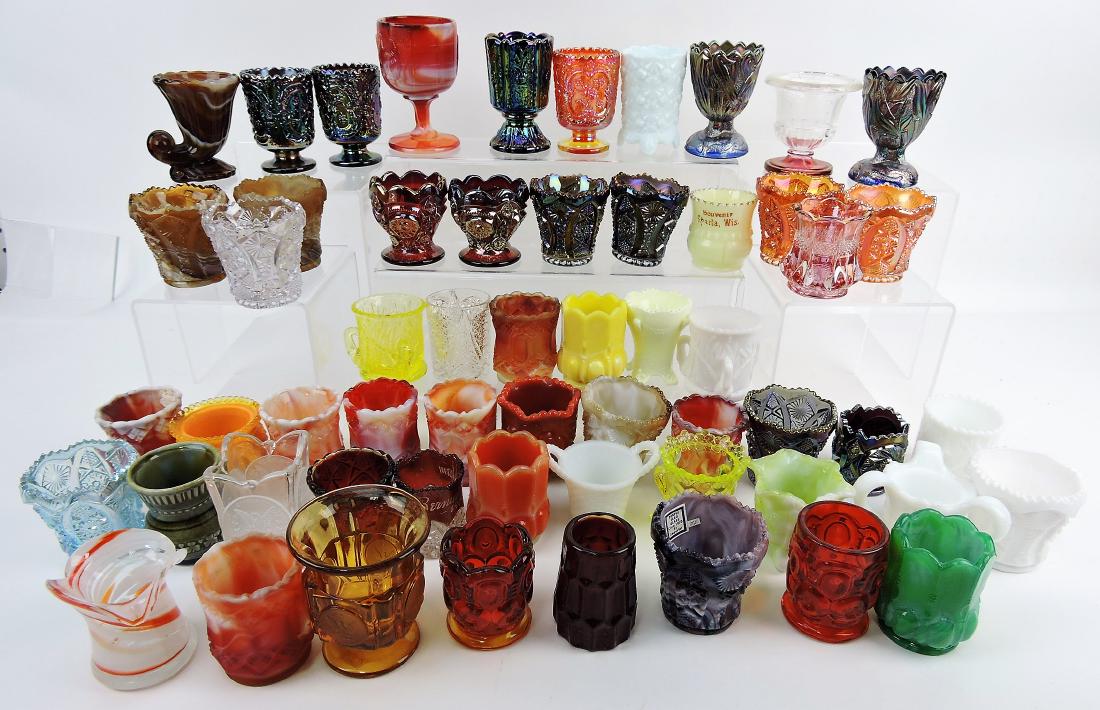 Toothpick holder group of 60, slag: glass, carnival, milk glass, Imperial, Fenton, and more