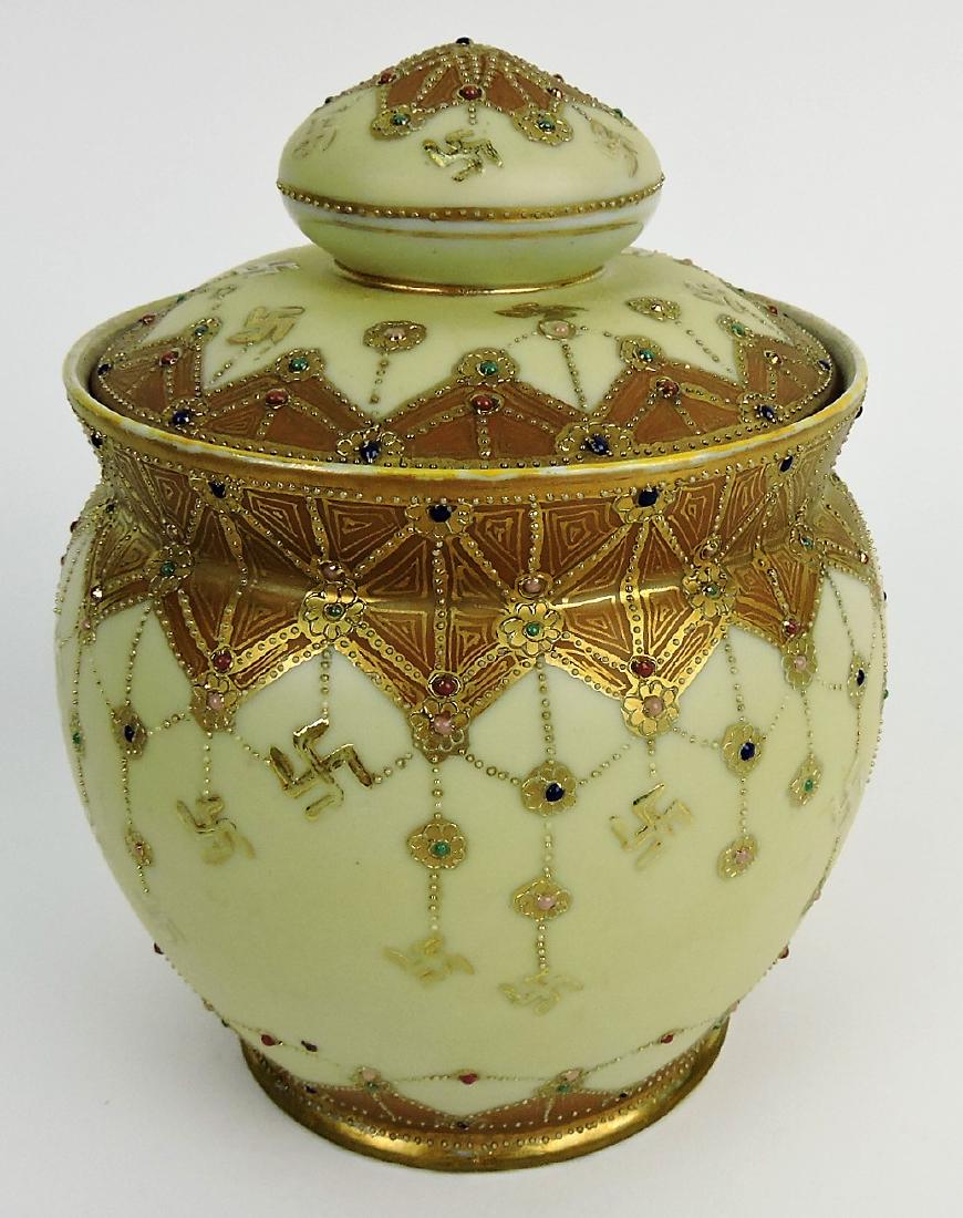 Nippon humidor with jeweled: enamel decor and good luck motif, 7"