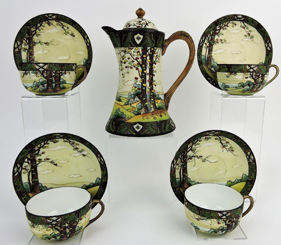 Nippon Woodland chocolate set: with chocolate pot, 4 cups and saucers, pot, 9"
