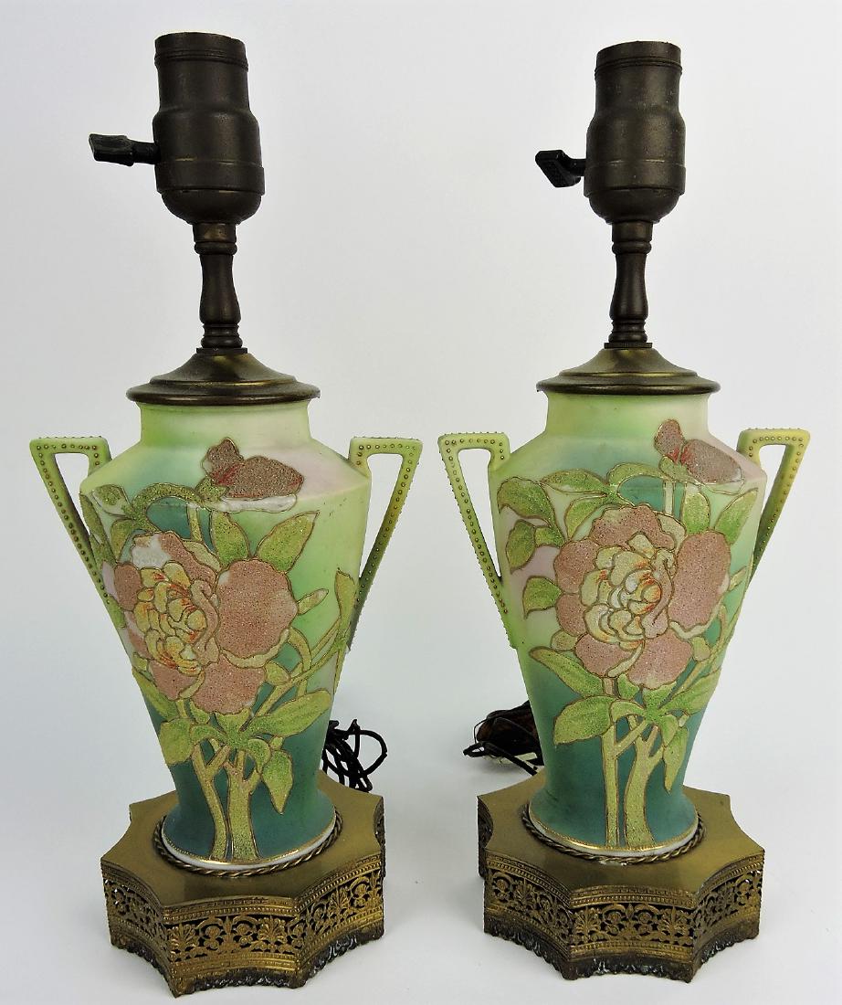 Nippon Coralene pair of mantle: lamps with floral motif, 7 1/2" vase, 14" overall