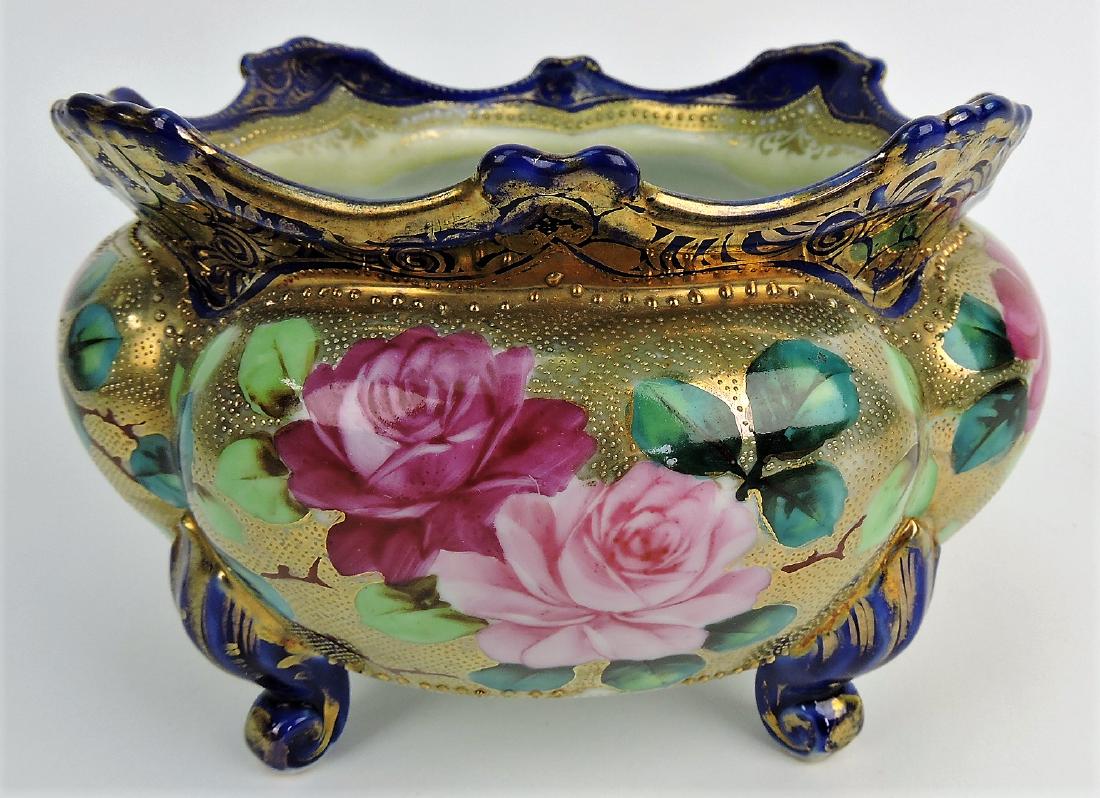 Nippon (unmarked) cobalt blue: footed ferner with heavy gold and rose decor, 8"d, 5"h