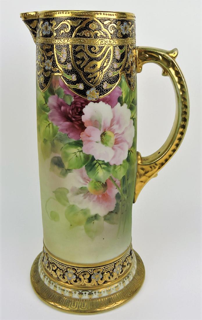 Nippon floral 14" tankard with: heavy gold