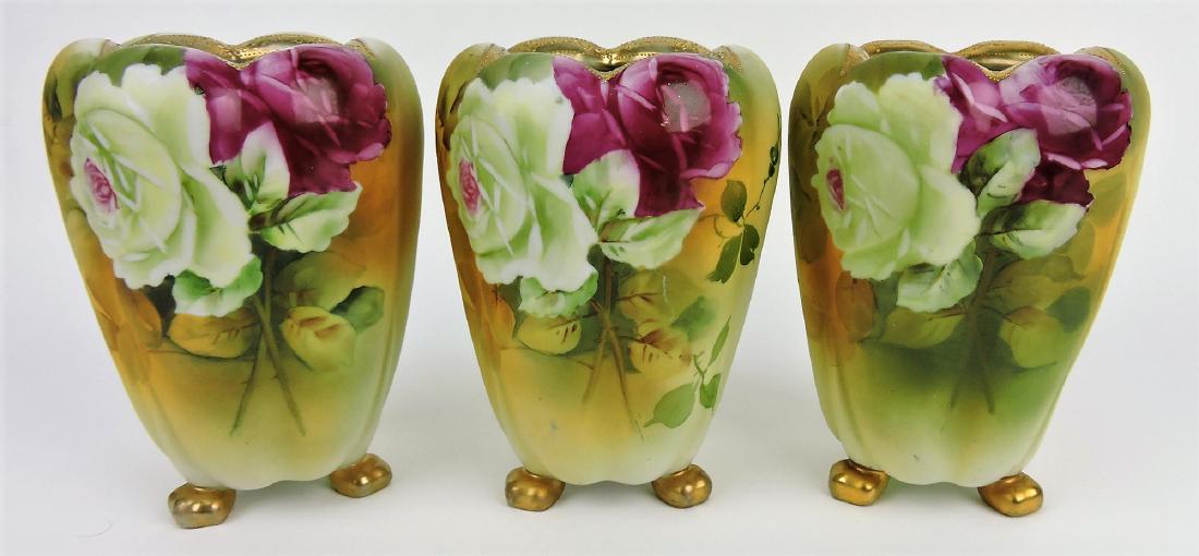 Nippon set of 3 footed vases with: roses, 7"
