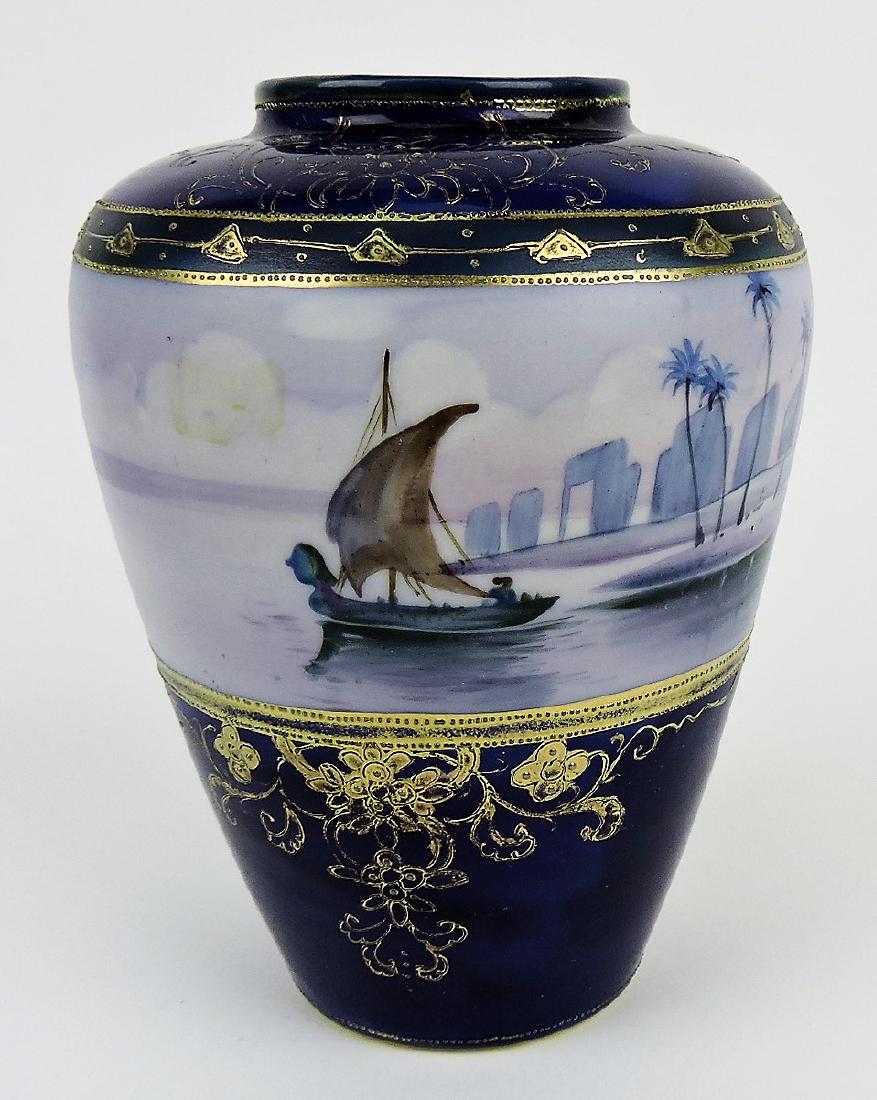 Nippon cobalt vase with sailboat: in harbor scene, 6 1/4"