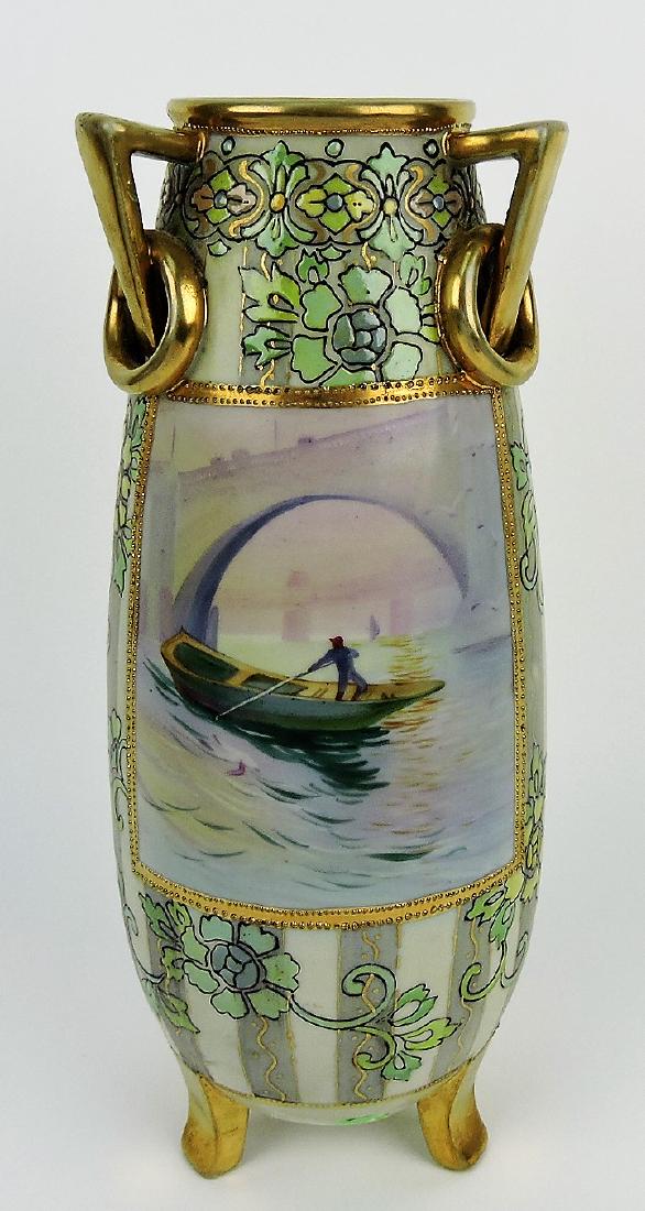 Nippon 11" tri-handled/footed vase: with scene of man in boat under bridge