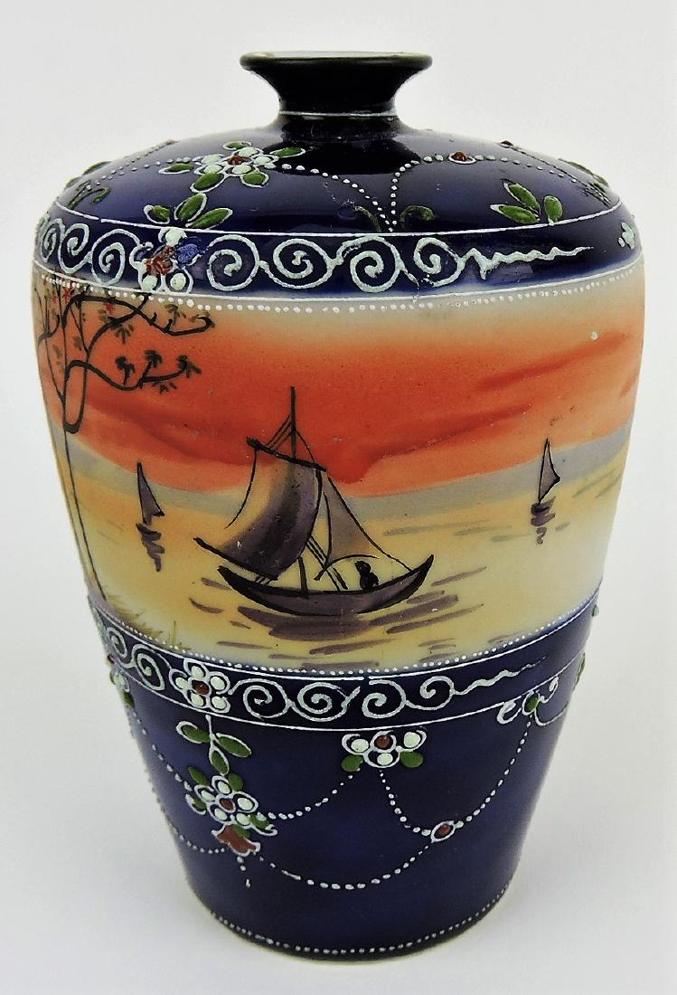 Nippon cobalt vase with sailboat: scene and enamel beading, 5 1/4"