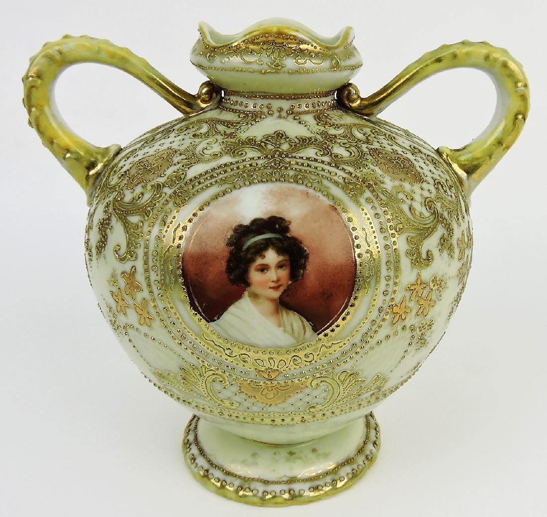 Nippon 7" two handled portrait: vase with roses on back, heavy gold