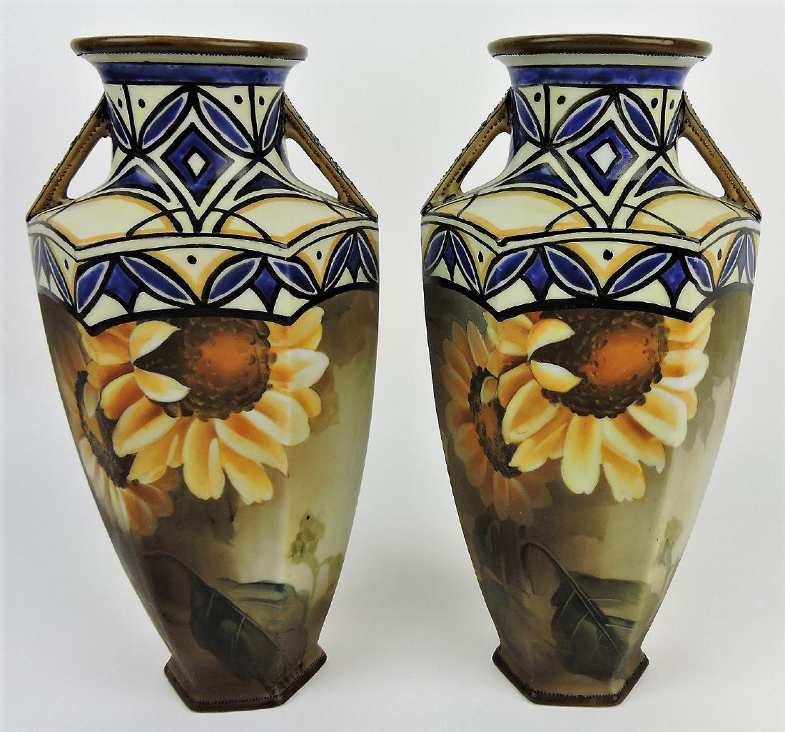 Nippon pair of 11" sunflower two: handled vases
