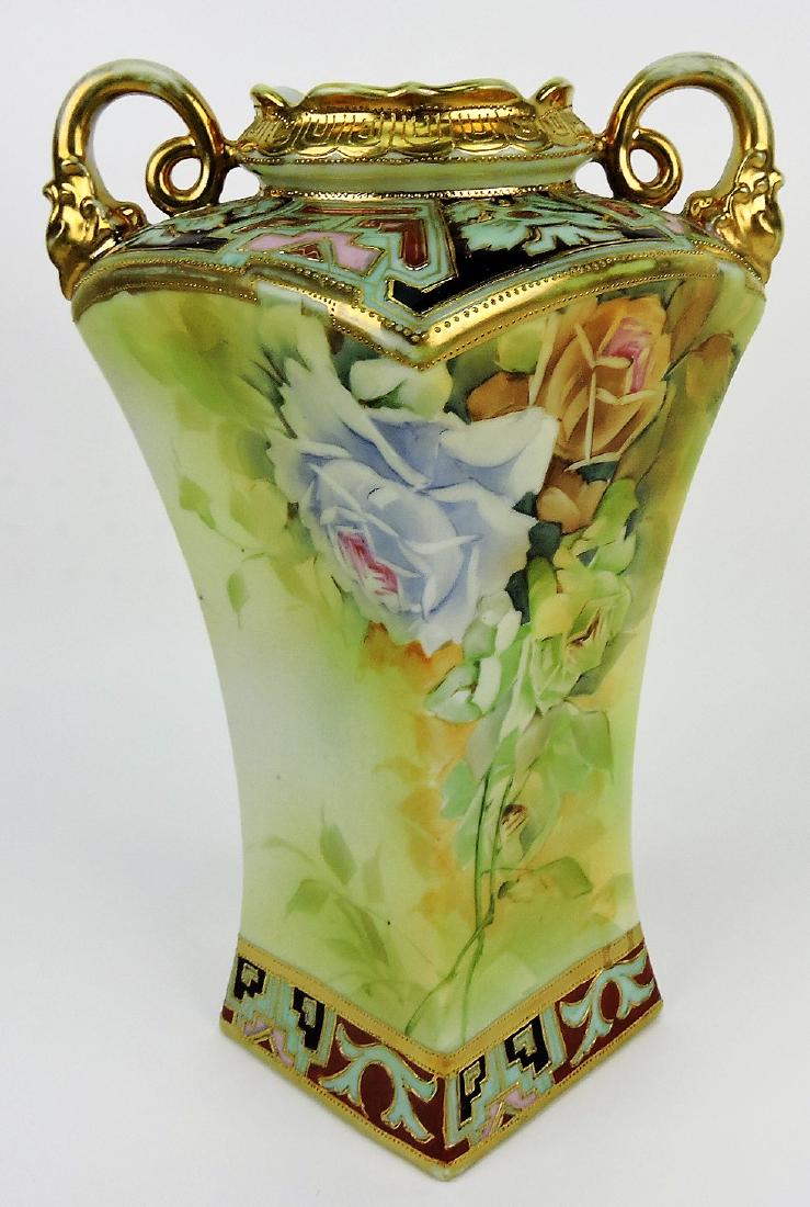 Nippon (unmarked) 12" vase with: roses, two handled, four sided