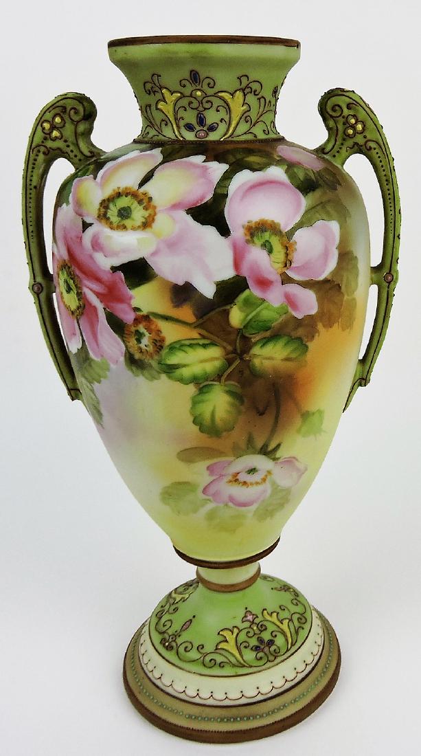 Nippon two handled bolted urn: with flowers, 11"