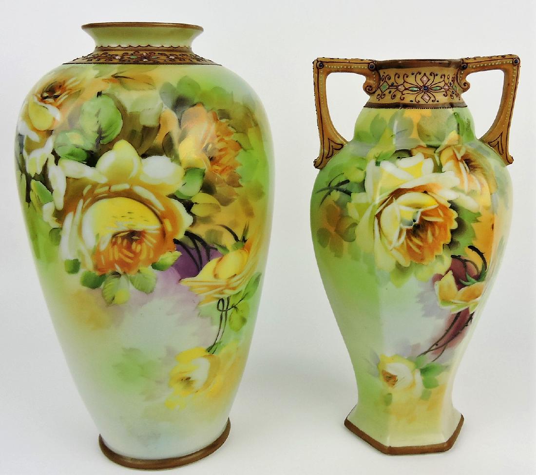 Nippon lot of 2 - 11" vases with: yellow roses