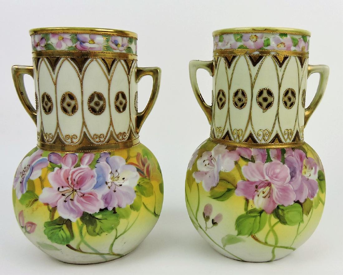 Nippon pair of 8" vases with flowers: .