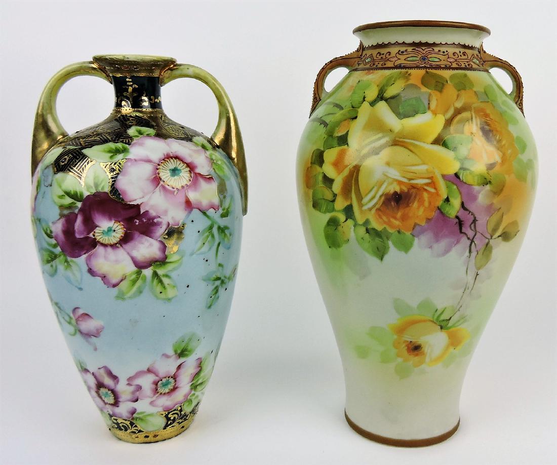 Nippon lot of 2 vases with flowers,: 10 1/2", 11 1/2"
