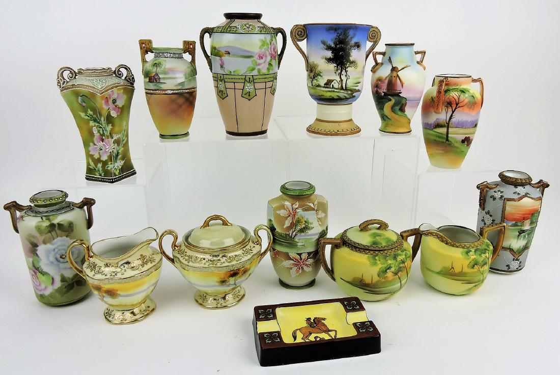 Nippon group; 9 vases, 2 cream: and sugars, ashtray