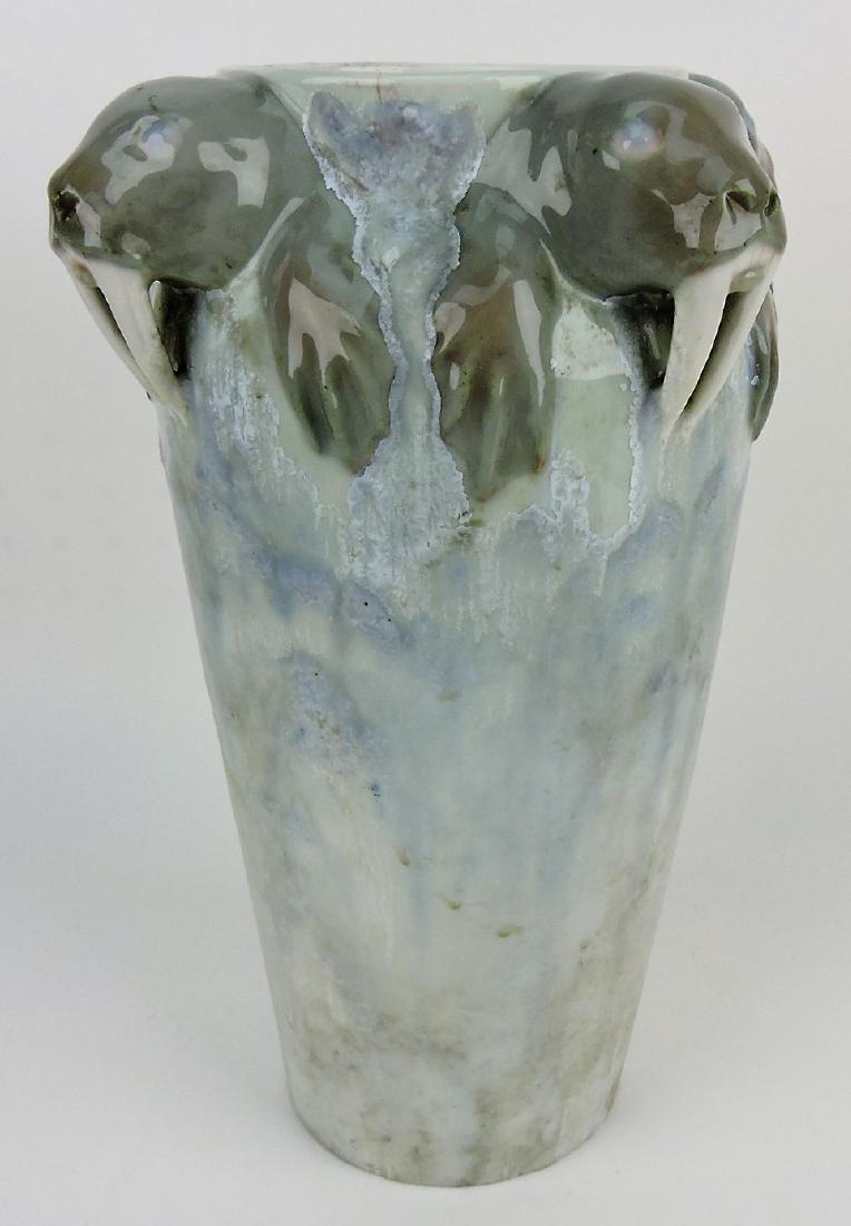 Rorstrand rare porcelain vase wtih: 4 walrus heads on rim of iceberg vase, 13", repair to one walrus head, bottom drill hole repaired from being lamp, artist signed K.L. (Karl Lingstrom)