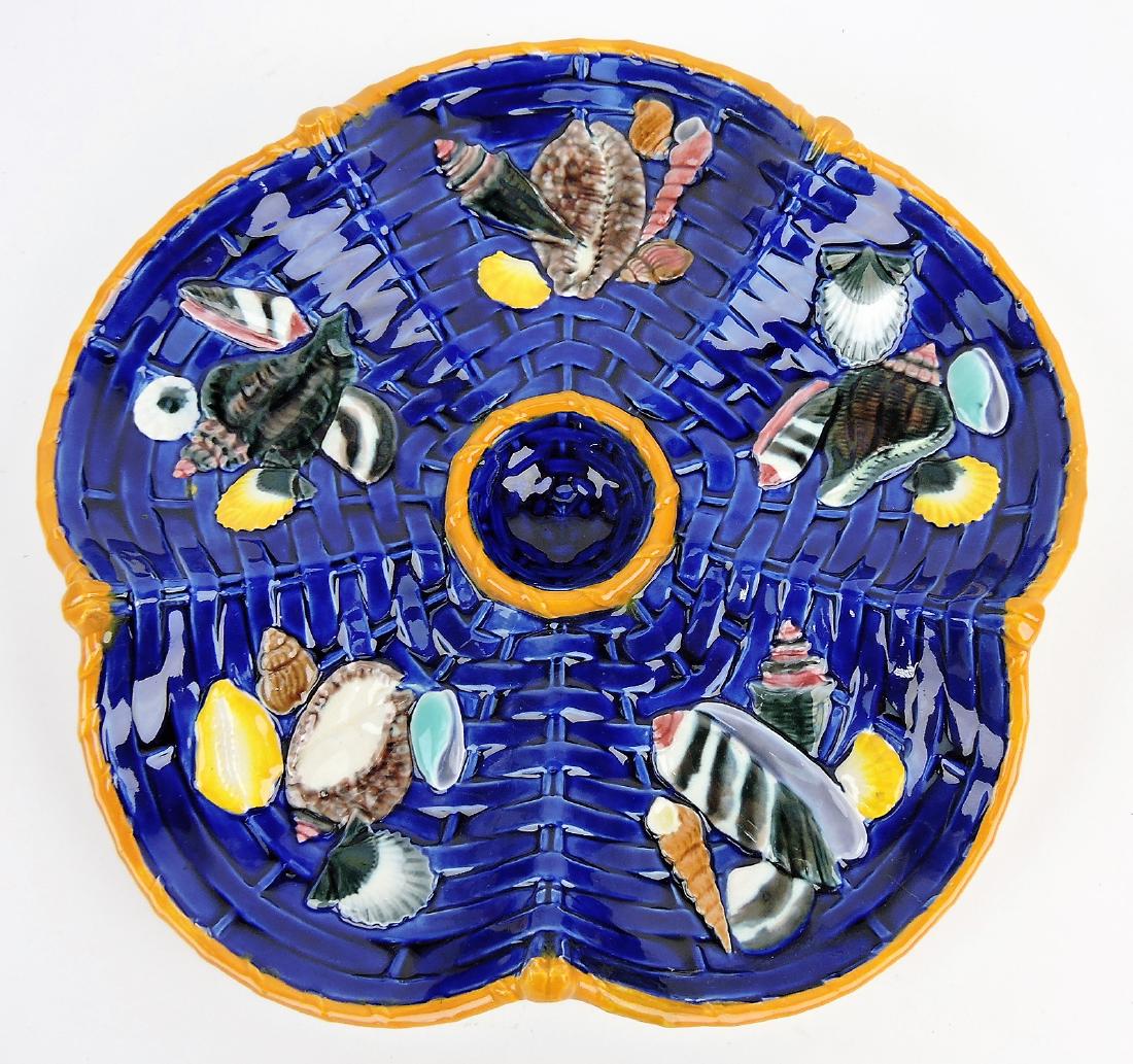 RARE Wedgwood majolica cobalt: basketweave five well oyster plate with decorated shells in each well, 9"
