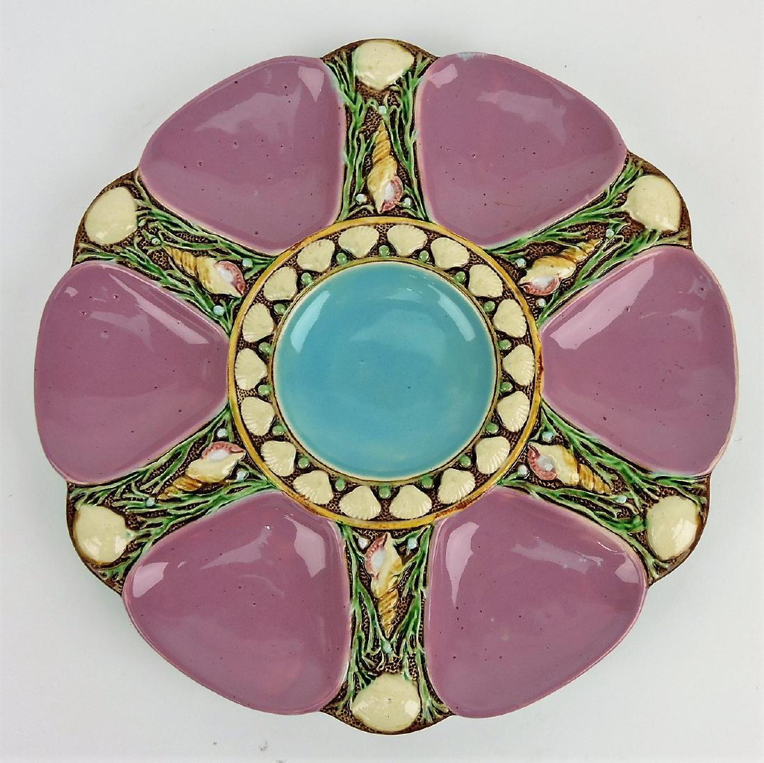 Minton pink majolica six well oyster: plate, 9"