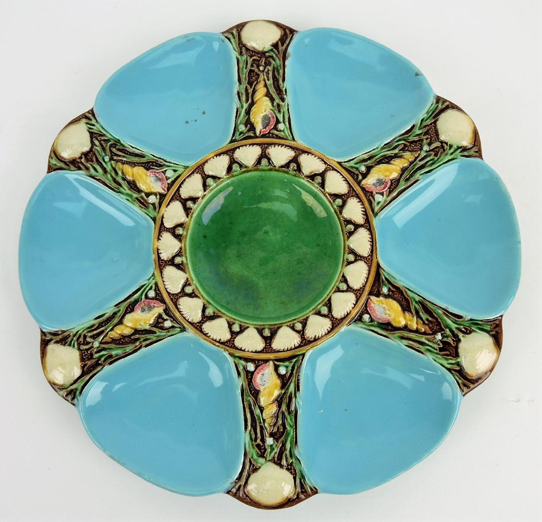 Minton turquoise majolica six well: oyster plate, 9"