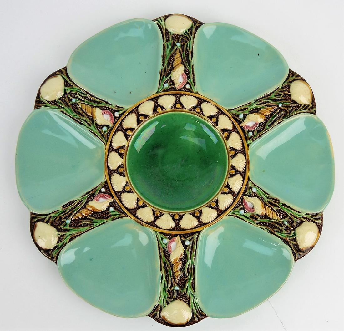 Minton majolica seamist green: six well oyster plate, 9"
