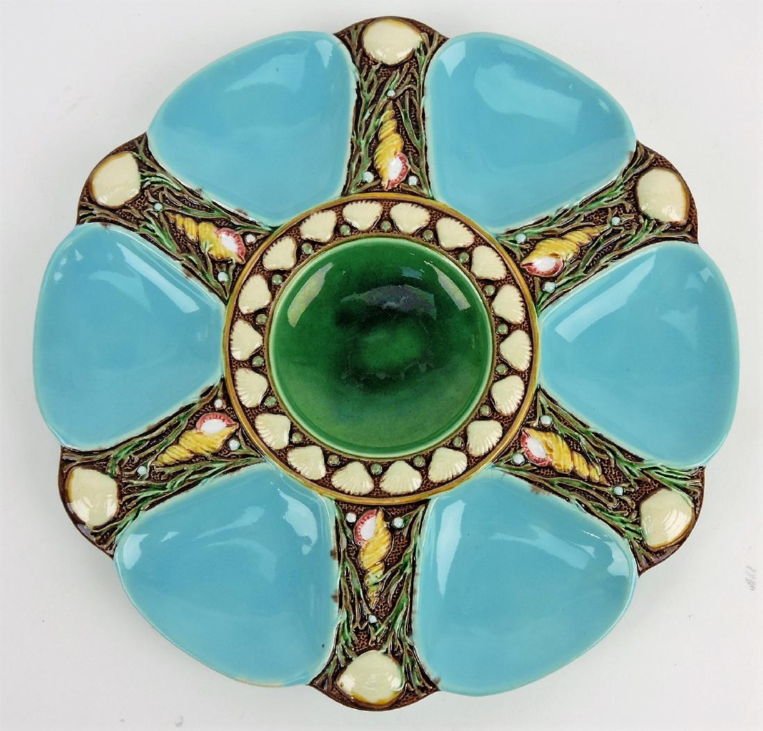 Minton majolica turquoise six well: oyster plate, 9"
