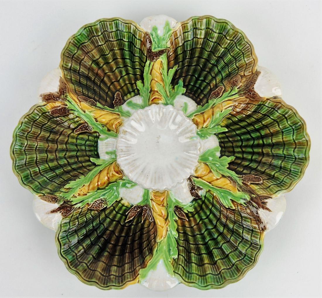 George Jones majolica mottled: six well oyster plate, 9"