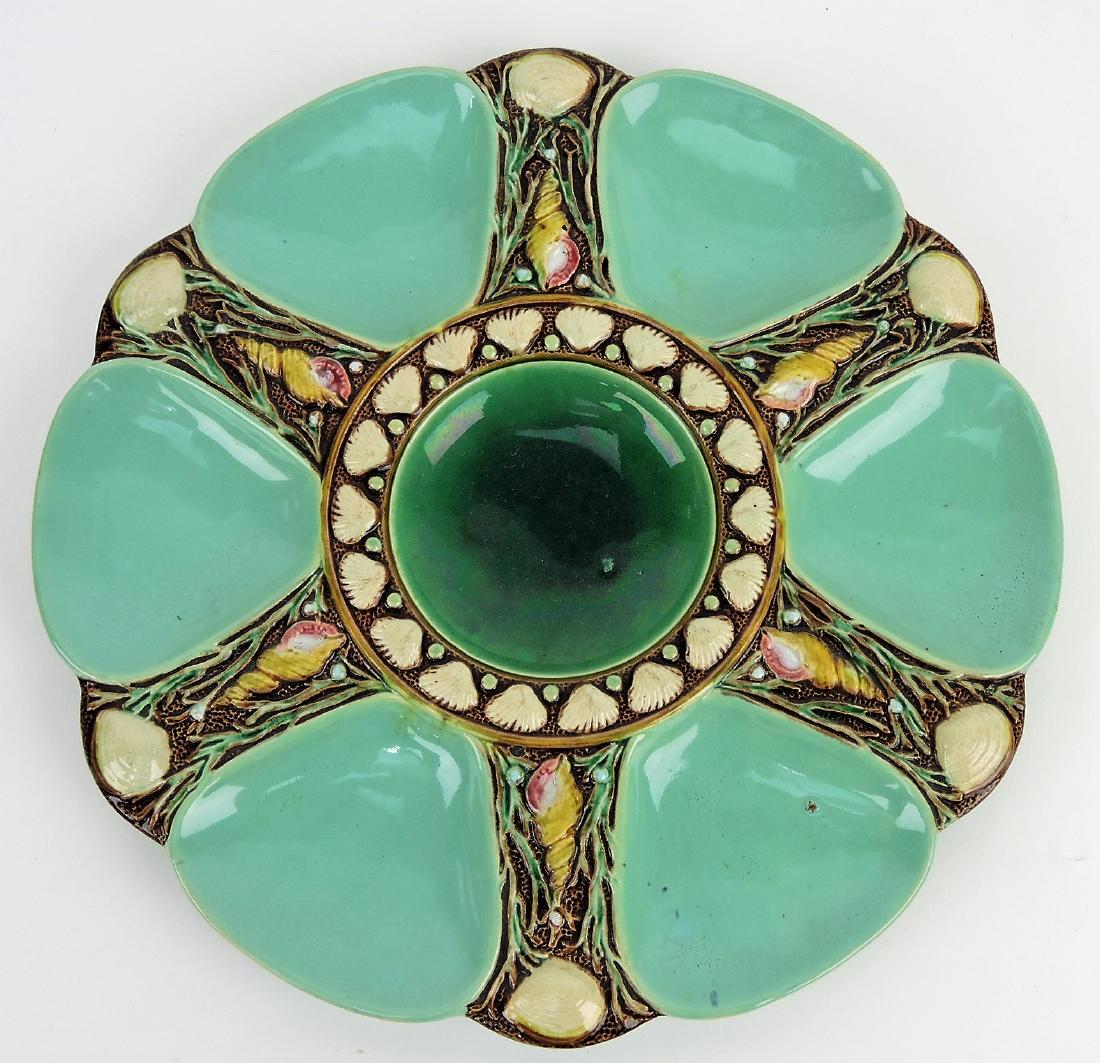 Minton majolica seamist green: six well oyster plate, 9"