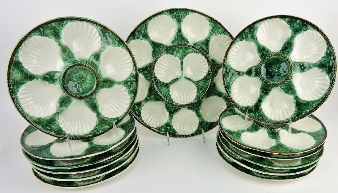 French Longchamp 13 piece: oyster service with 13" twelve well server and 12 - 9 1/2" six well oyster plates