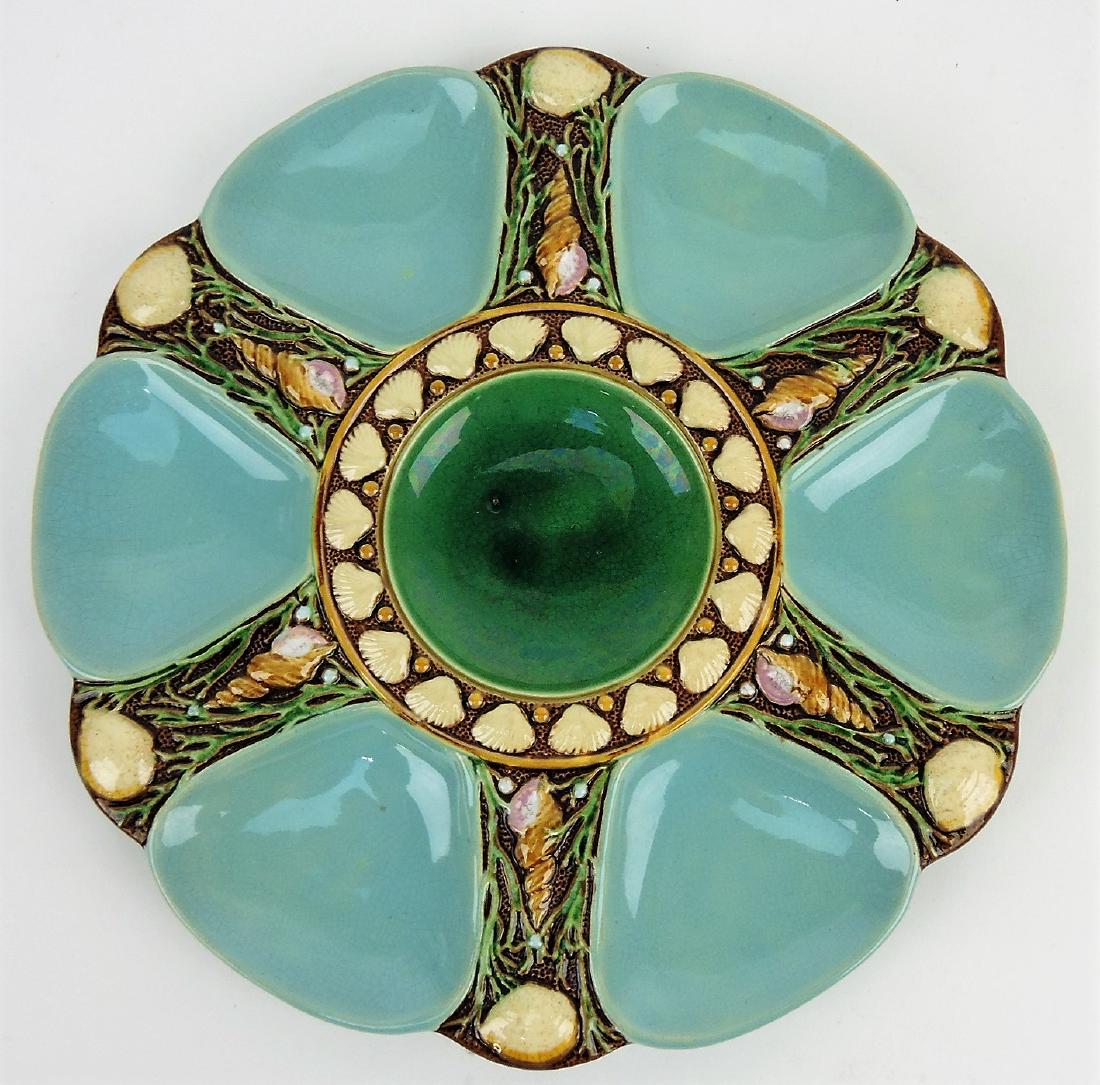 Minton majolica turquoise six well: oyster plate, 9"