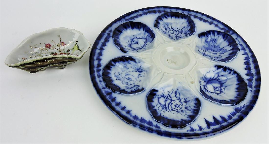 English blue and white ironstone: six well oyster plate 10 1/4", AND Oriental oyster shooter, 4 1/2"