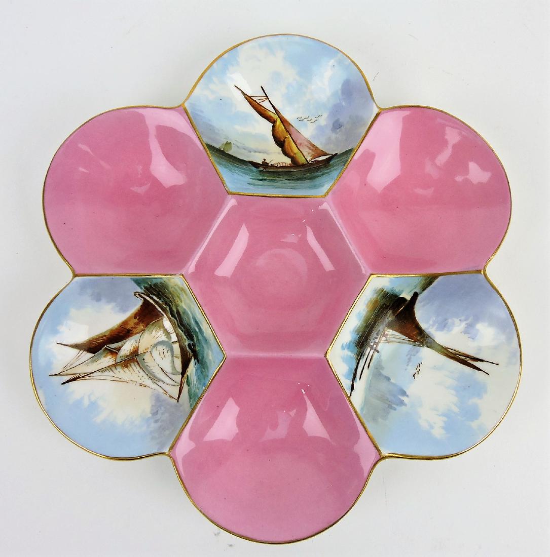 Porcelain oyster plate with pink: ground and 3 scenic wells with sail boats, 8 1/4"