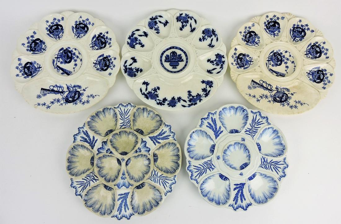 Blue and white porcelain lot of 5: oyster plates, 3 signed Minton