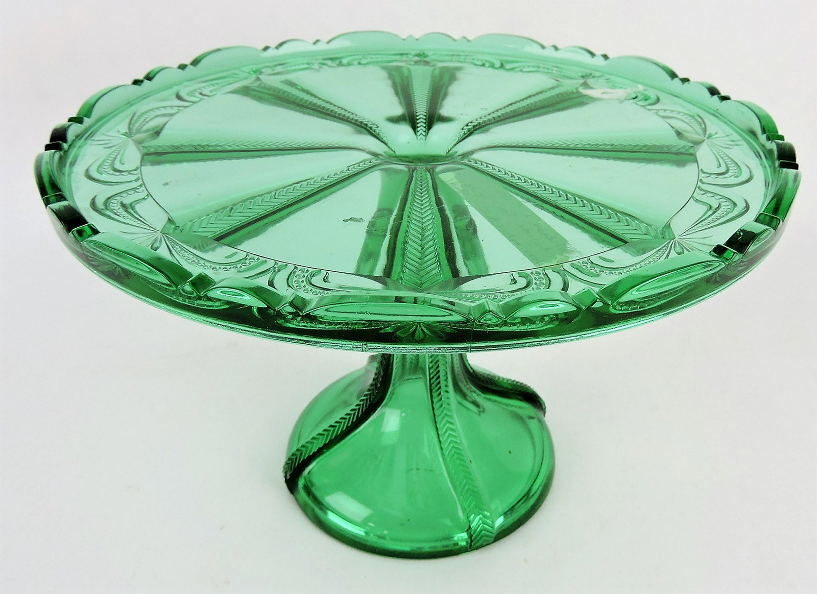 Greentown Herringbone Buttress: green glass cake stand, 10 1/4"d, 6 1/2"h