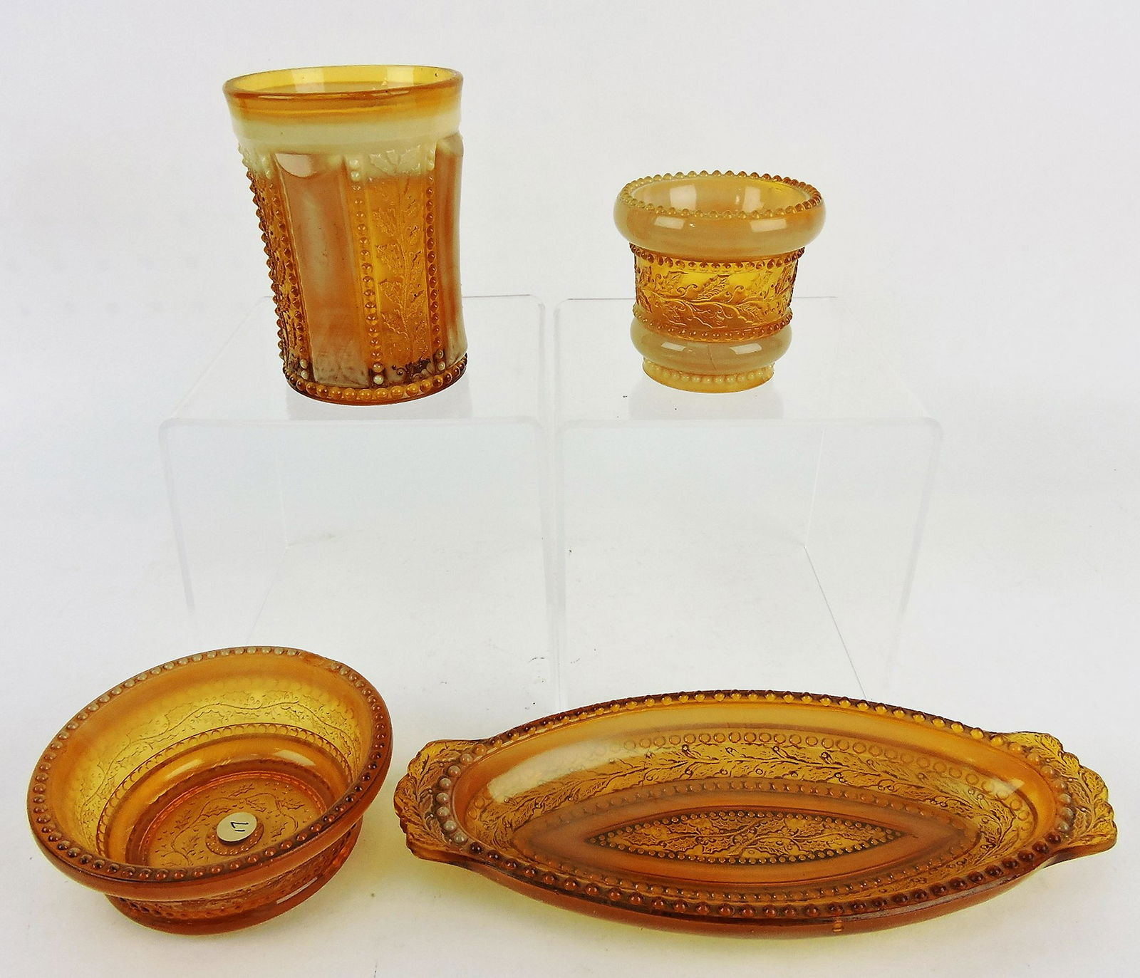 Greentown Holly Amber lot of 4 pieces;: tumbler (base chip), toothpick holder (base nick), sauce dish (rim chip), pickle tray